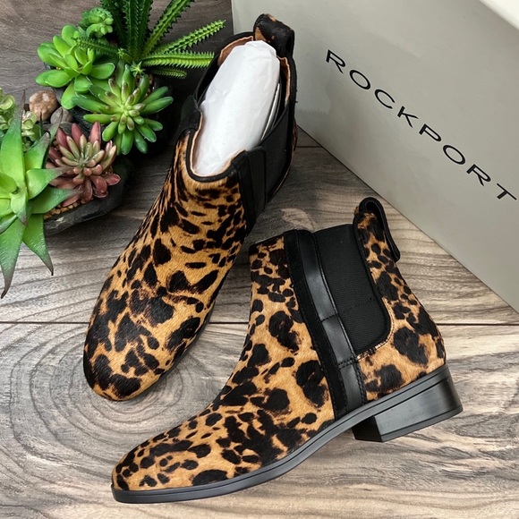 NIB Rockport Larkyn Chelsea Leopard Haircalf Comfort Ankle Boots Bootie - Picture 1 of 12